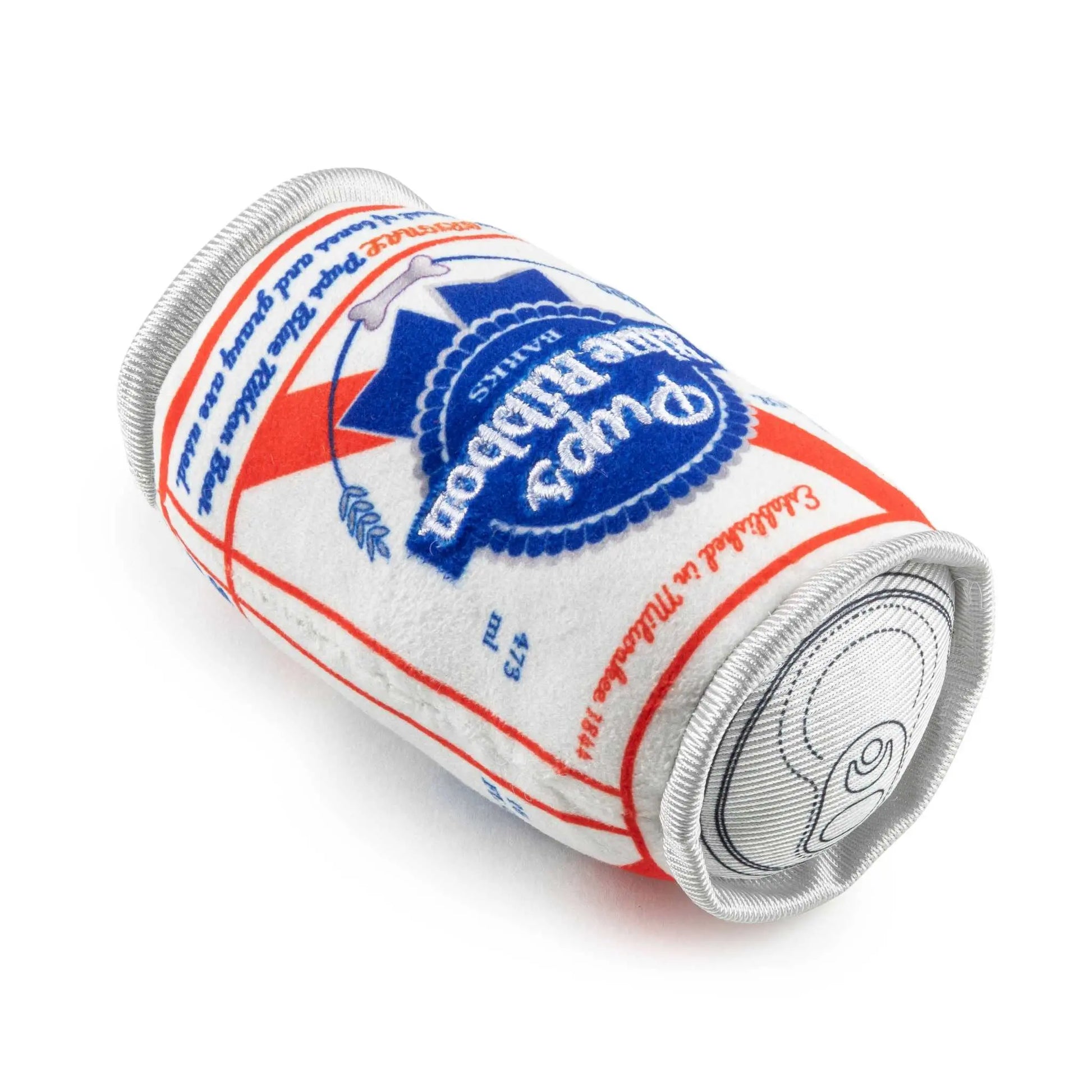 Pups Blue Ribbon Squeaker Dog Toy resembling a plush tall-boy beverage can.