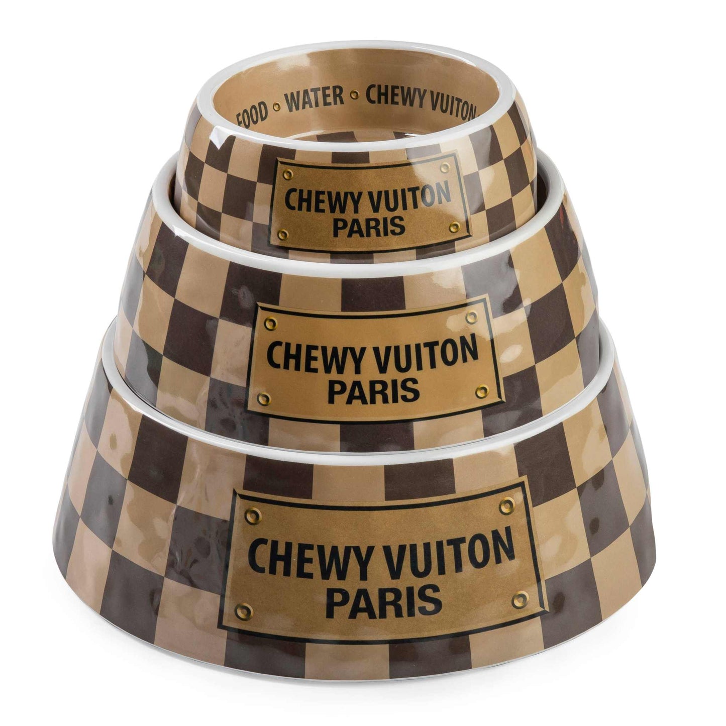 Checker Chewy Vuiton dog bowls in three sizes with chic design and chip-resistant melamine construction.