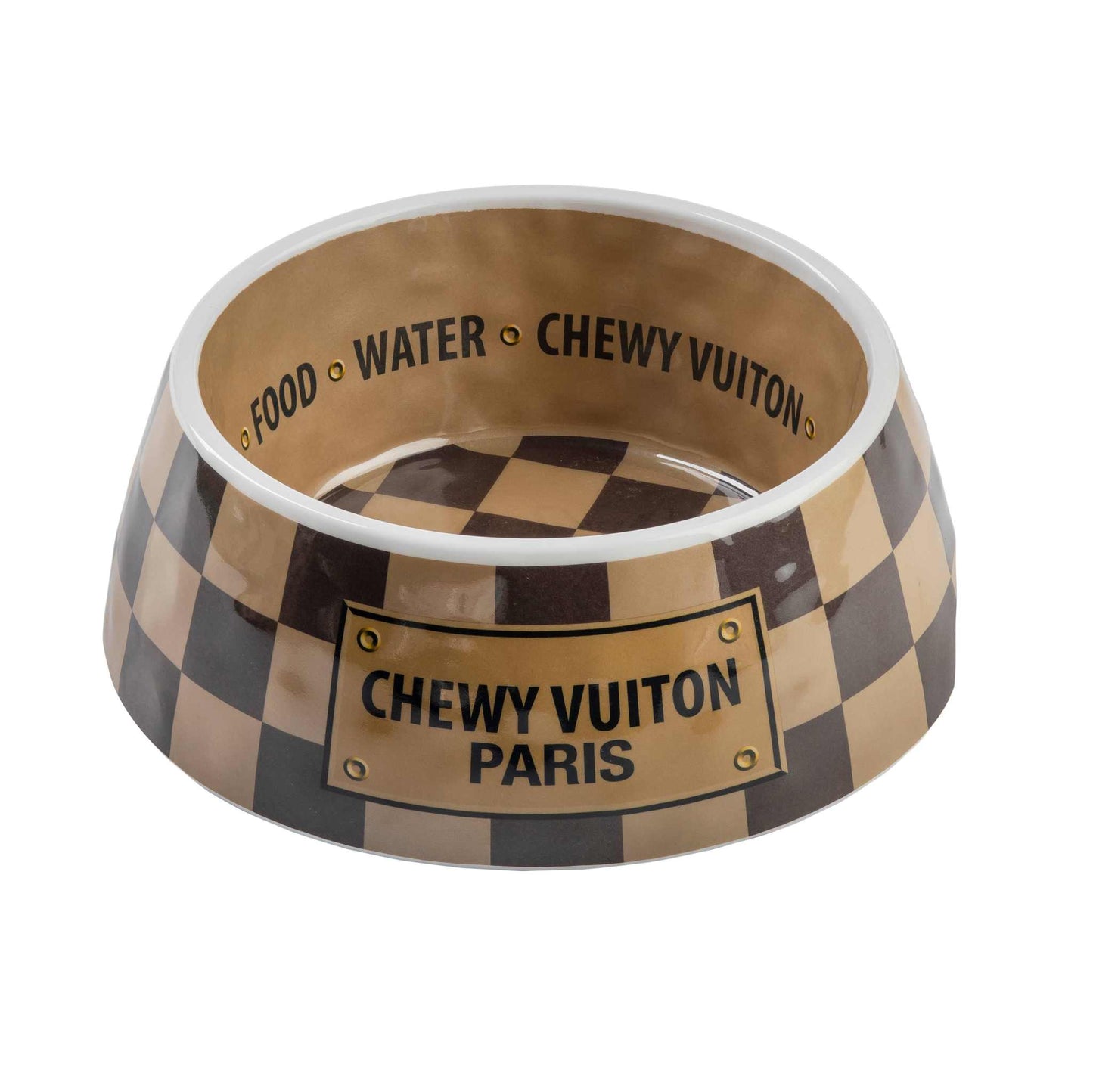 Checker Chewy Vuiton Bowl for Dogs in Three Sizes - Stylish Melamine Pet Dish