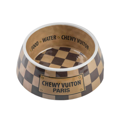 Checker Chewy Vuiton Bowl with chic design and chip-resistant melamine construction.