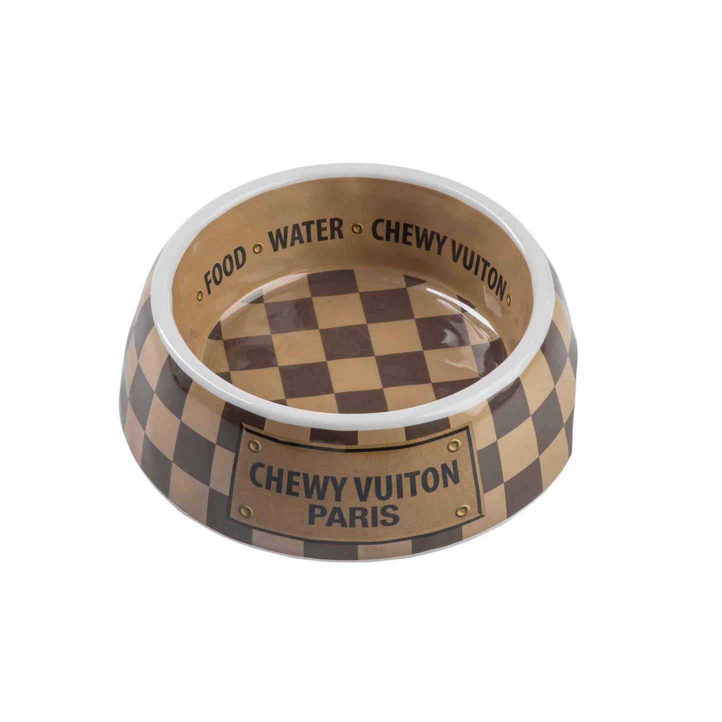 Checker Chewy Vuiton Bowl with checkered pattern, chip-resistant melamine, non-skid bottom, available in 3 sizes.