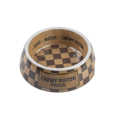 Checker Chewy Vuiton Bowl with checkered pattern, chip-resistant melamine, non-skid bottom, available in 3 sizes.