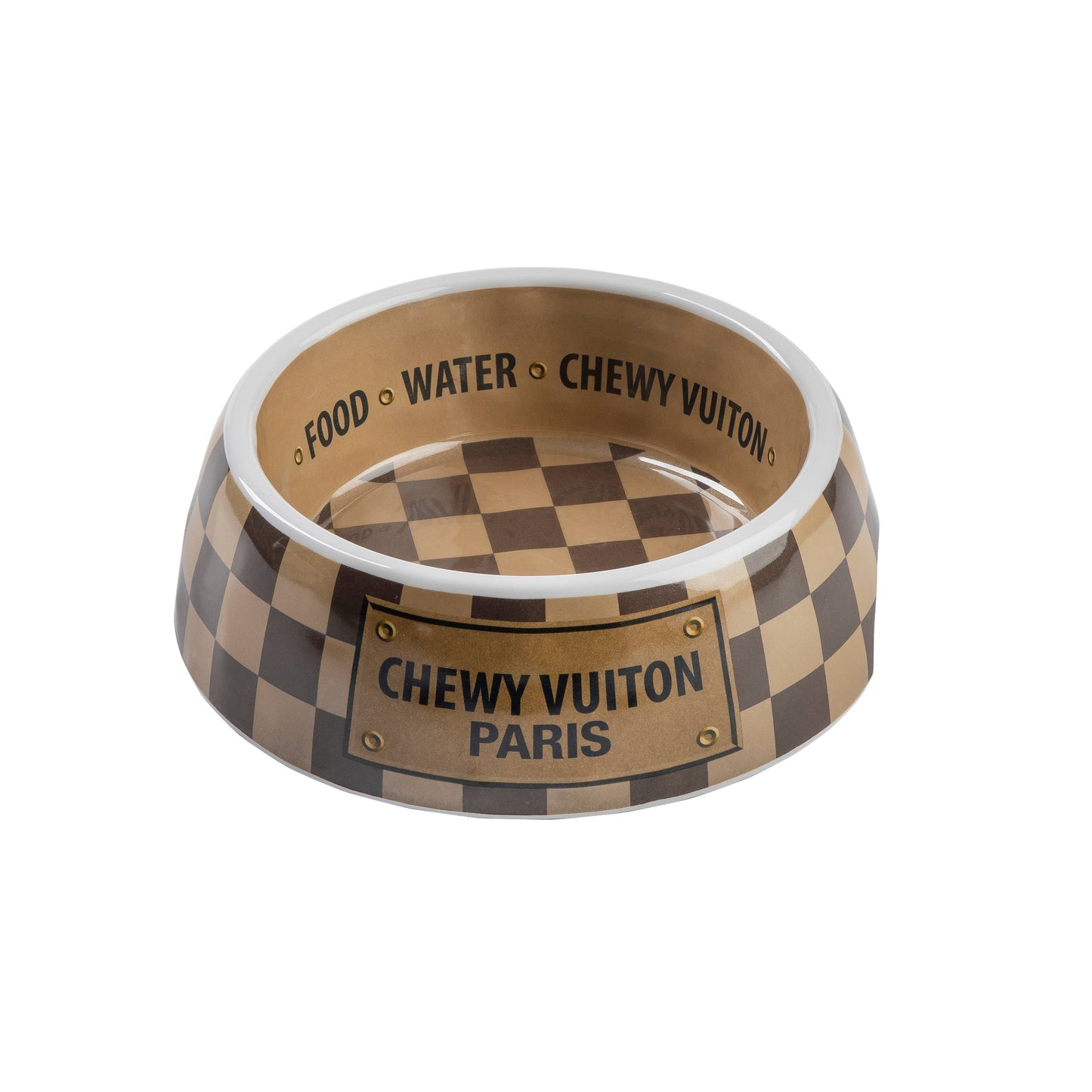 Checker Chewy Vuiton Bowl in chic checker pattern, available in three sizes for stylish pet dining.