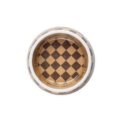 Checker Chewy Vuiton dog bowl with checker pattern, chip-resistant melamine, and non-skid bottom. Available in three sizes.