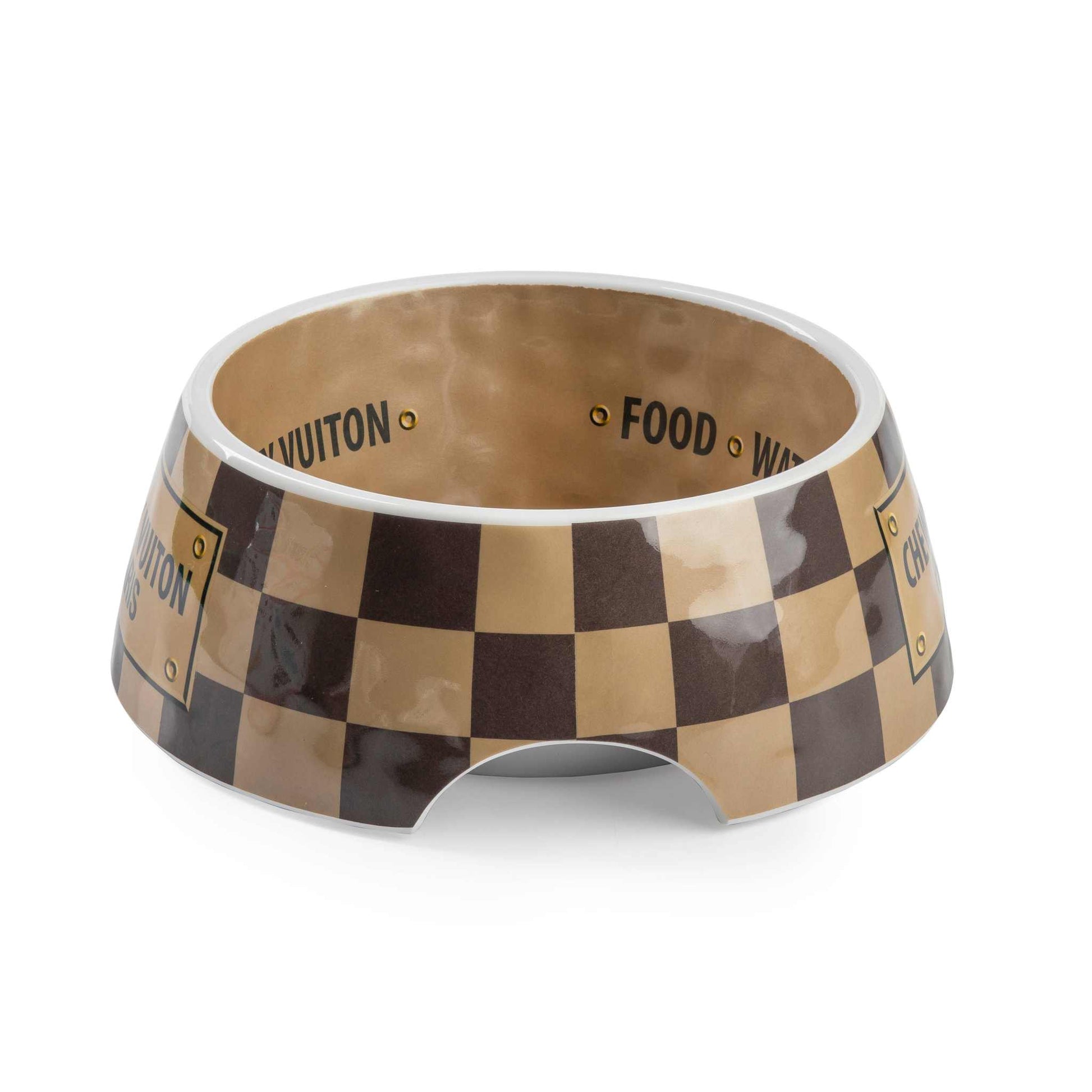 Checker Chewy Vuiton Bowl with stylish design, non-skid bottom, and chip-resistant melamine construction. Available in three sizes. Ideal for chic pet dining.