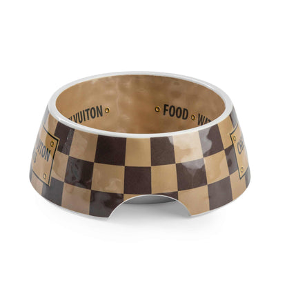 Checker Chewy Vuiton Bowl with stylish design, non-skid bottom, and chip-resistant melamine construction. Available in three sizes. Ideal for chic pet dining.