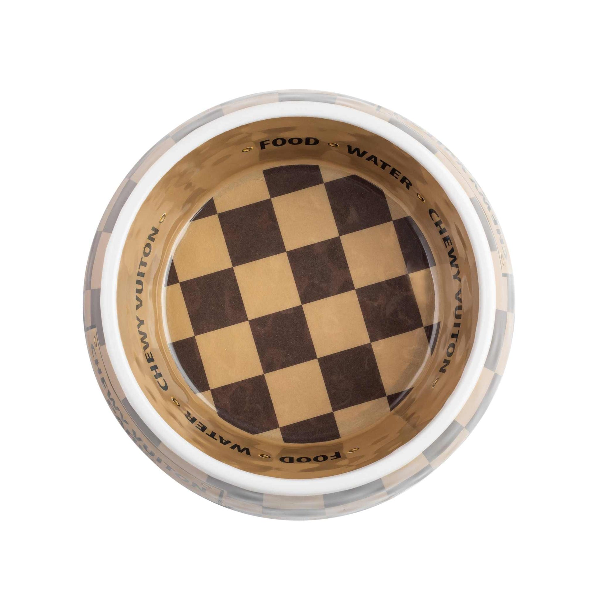 Checker Chewy Vuiton Dog Bowl with stylish checker pattern, available in three sizes, by Haute Diggity Dog.