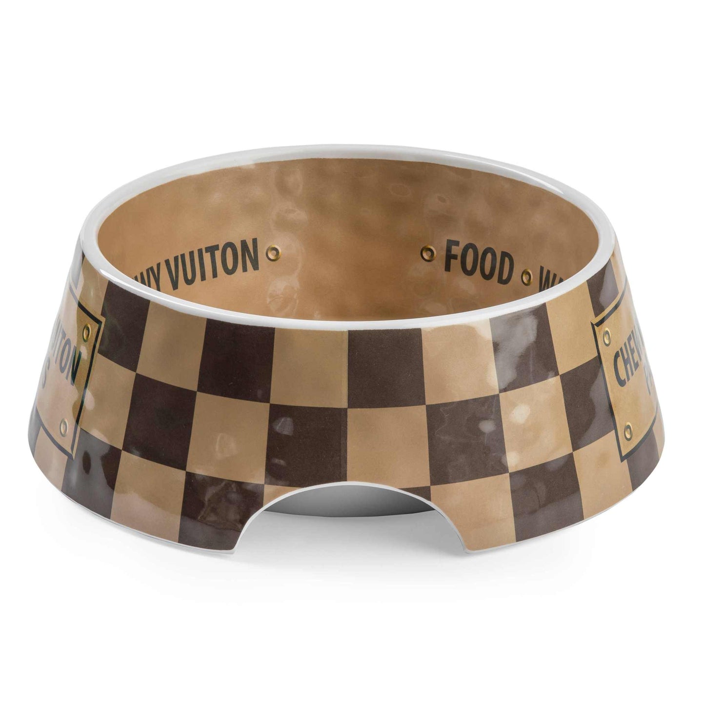 Checker Chewy Vuiton dog bowl with stylish checker pattern and melamine construction.
