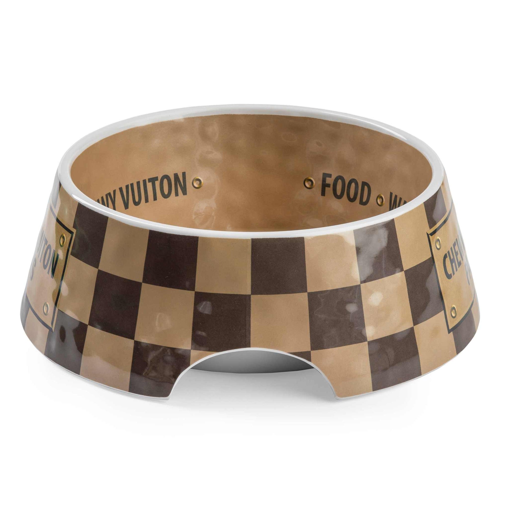 Checker Chewy Vuiton dog bowl with stylish checker pattern and melamine construction.