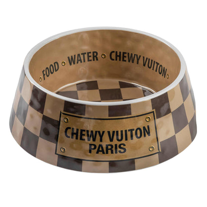 Checker Chewy Vuiton Bowl with stylish checker pattern, available in three sizes; chip-resistant melamine and BPA-free construction.