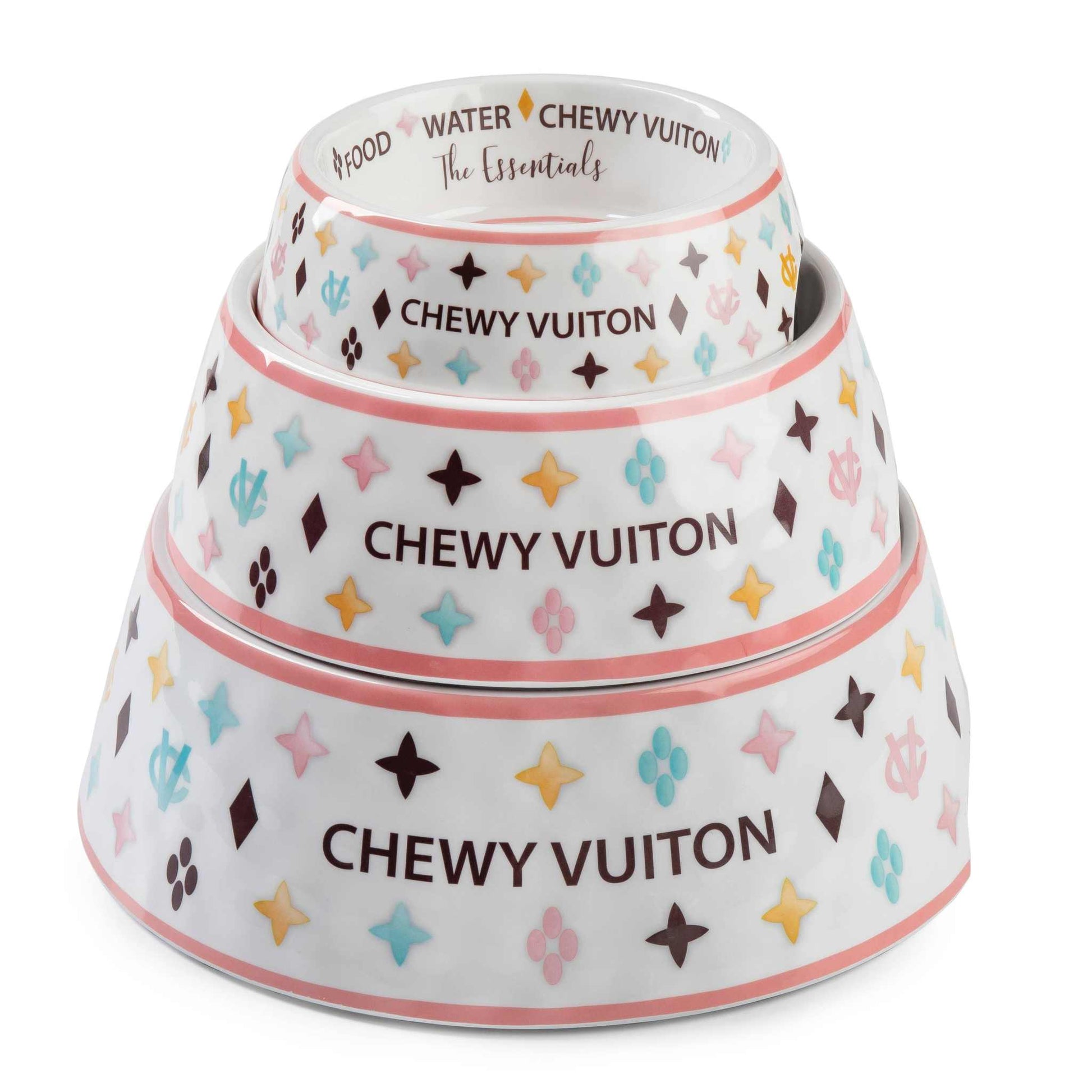 White Chewy Vuiton dog bowls in three sizes with colorful pattern and non-skid bottom.
