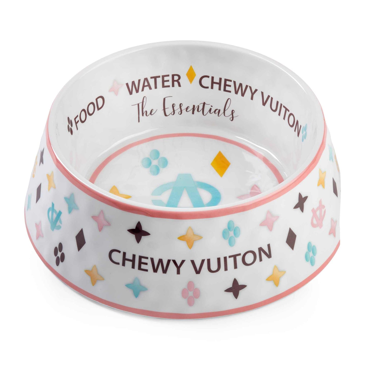 White Chewy Vuiton dog bowl with colorful pattern, chip-resistant melamine, BPA-free, and non-skid bottom.