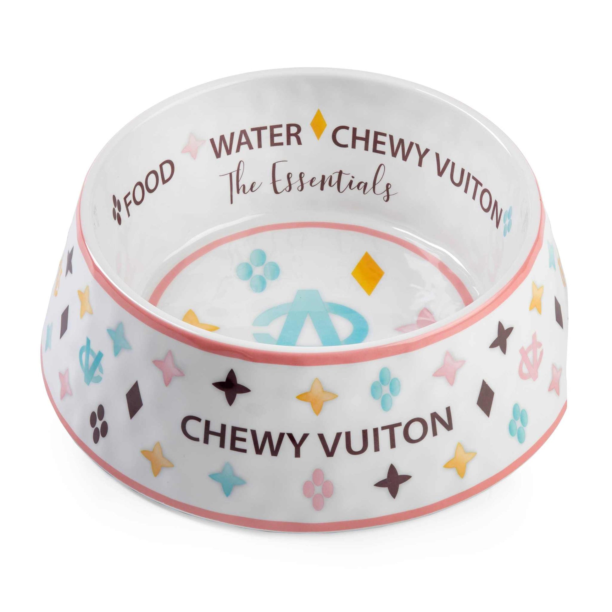 White Chewy Vuiton dog bowl with colorful pattern, chip-resistant melamine, BPA-free, and non-skid bottom.