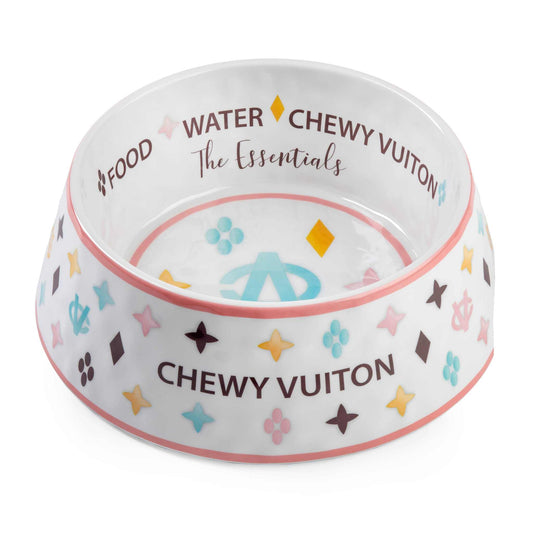 White Chewy Vuiton dog bowl with colorful pattern, chip-resistant melamine, BPA-free, and non-skid bottom.