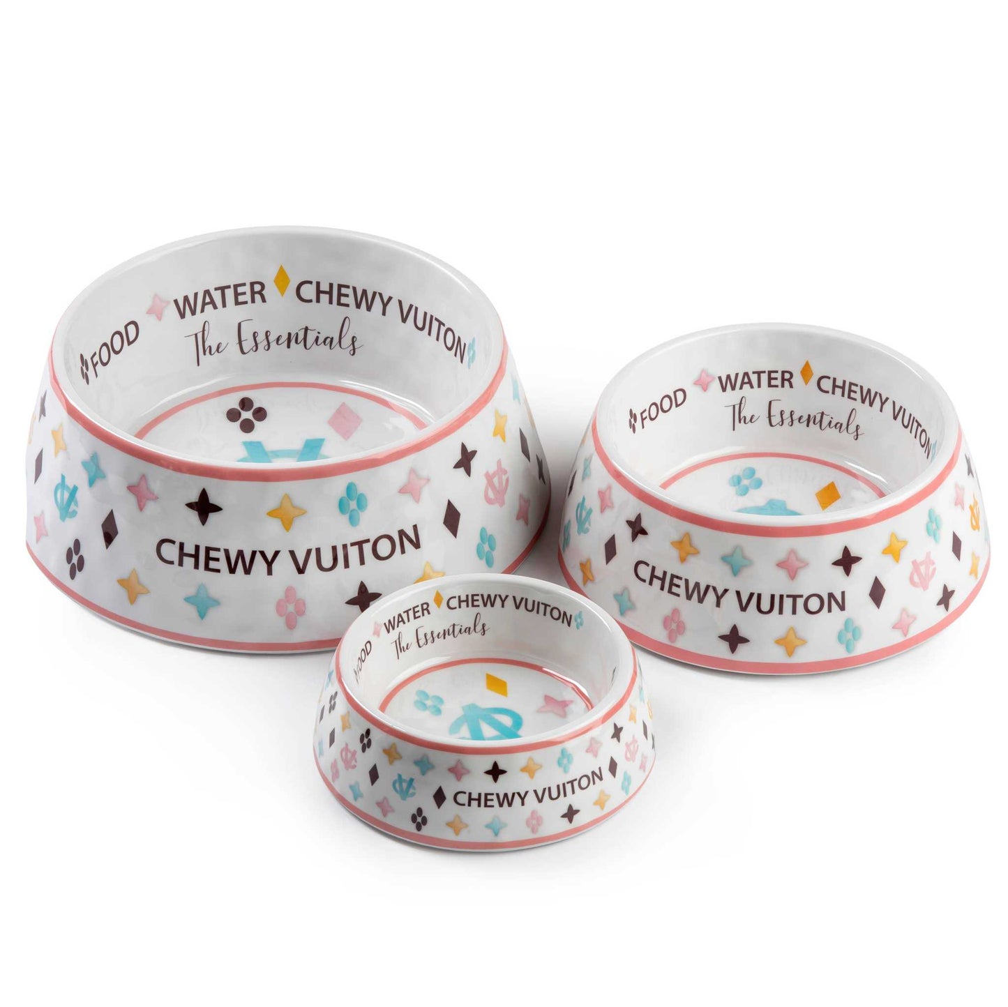 White Chewy Vuiton dog bowls in three sizes with colorful designer pattern.