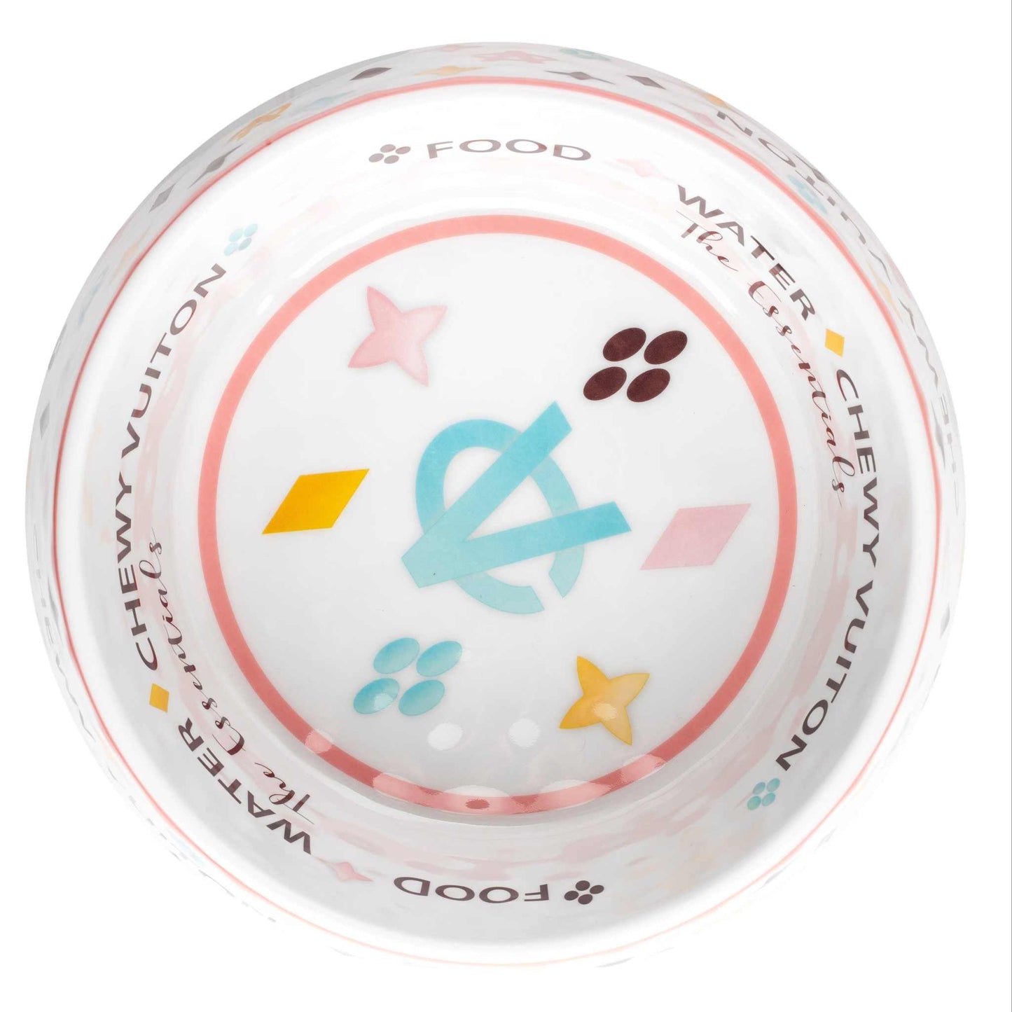 White Chewy Vuiton Dog Bowl with stylish design, chip-resistant melamine, and non-skid bottom.