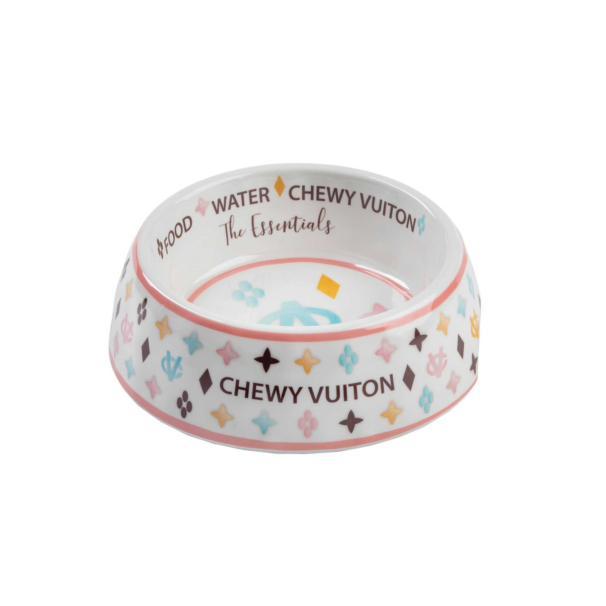 White Chewy Vuiton Dog Bowl with Stylish Design and Non-skid Bottom