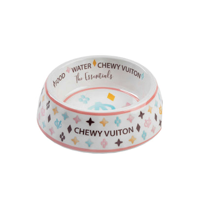 White Chewy Vuiton Dog Bowl with Stylish Design and Non-skid Bottom