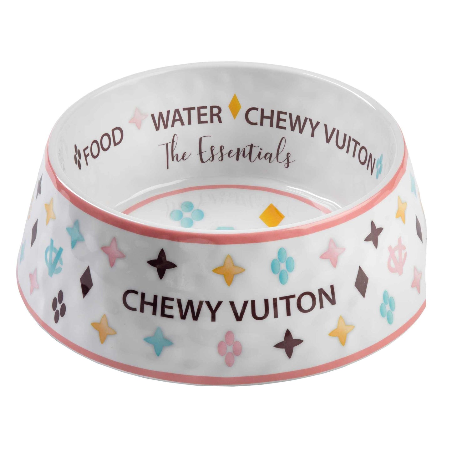 White Chewy Vuiton dog bowl with colorful pattern and text, available in three sizes.