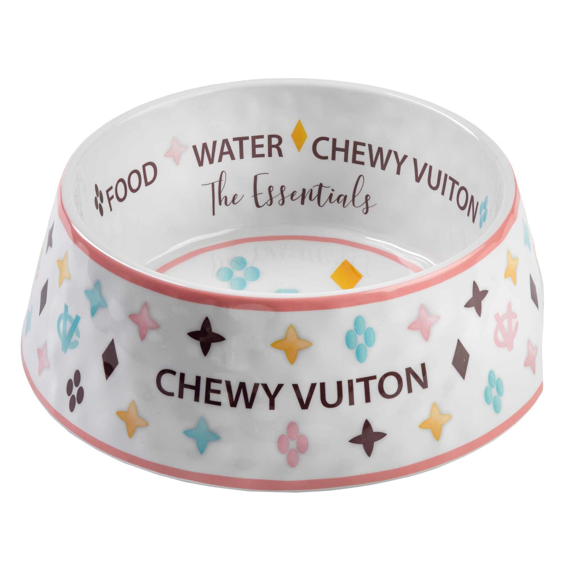 White Chewy Vuiton dog bowl with colorful pattern and text, available in three sizes.