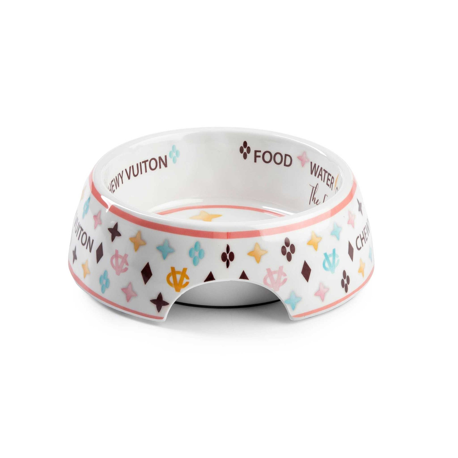 White Chewy Vuiton dog bowl with colorful patterns and non-skid bottom. Chip-resistant and dishwasher safe. Available in three sizes.