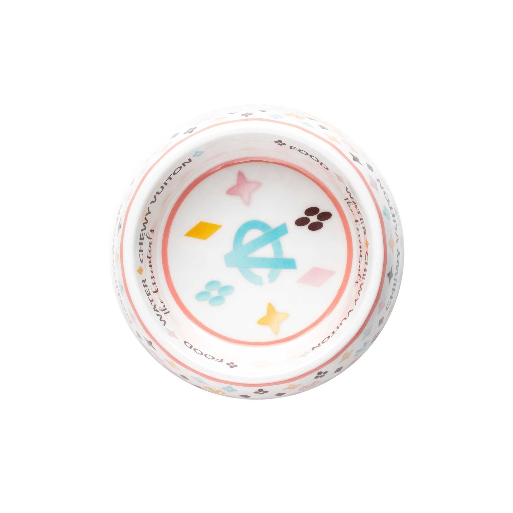 White Chewy Vuiton dog bowl with colorful design, chip-resistant melamine, BPA-free options available in three sizes.
