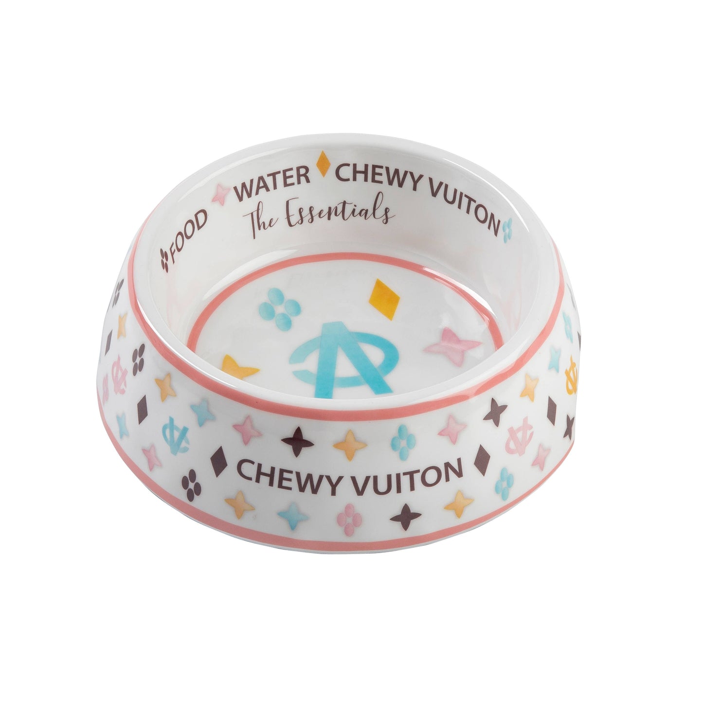 White Chewy Vuiton dog bowl with colorful pattern, non-skid bottom, and chip-resistant melamine construction.