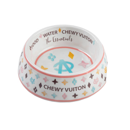White Chewy Vuiton dog bowl with colorful pattern, non-skid bottom, and chip-resistant melamine construction.