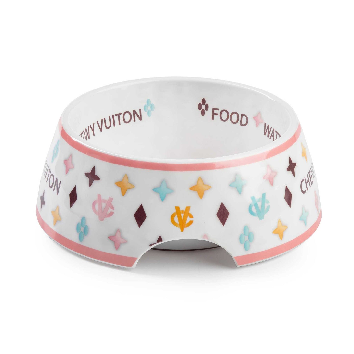 White Chewy Vuiton dog bowl with colorful pattern and non-skid bottom.