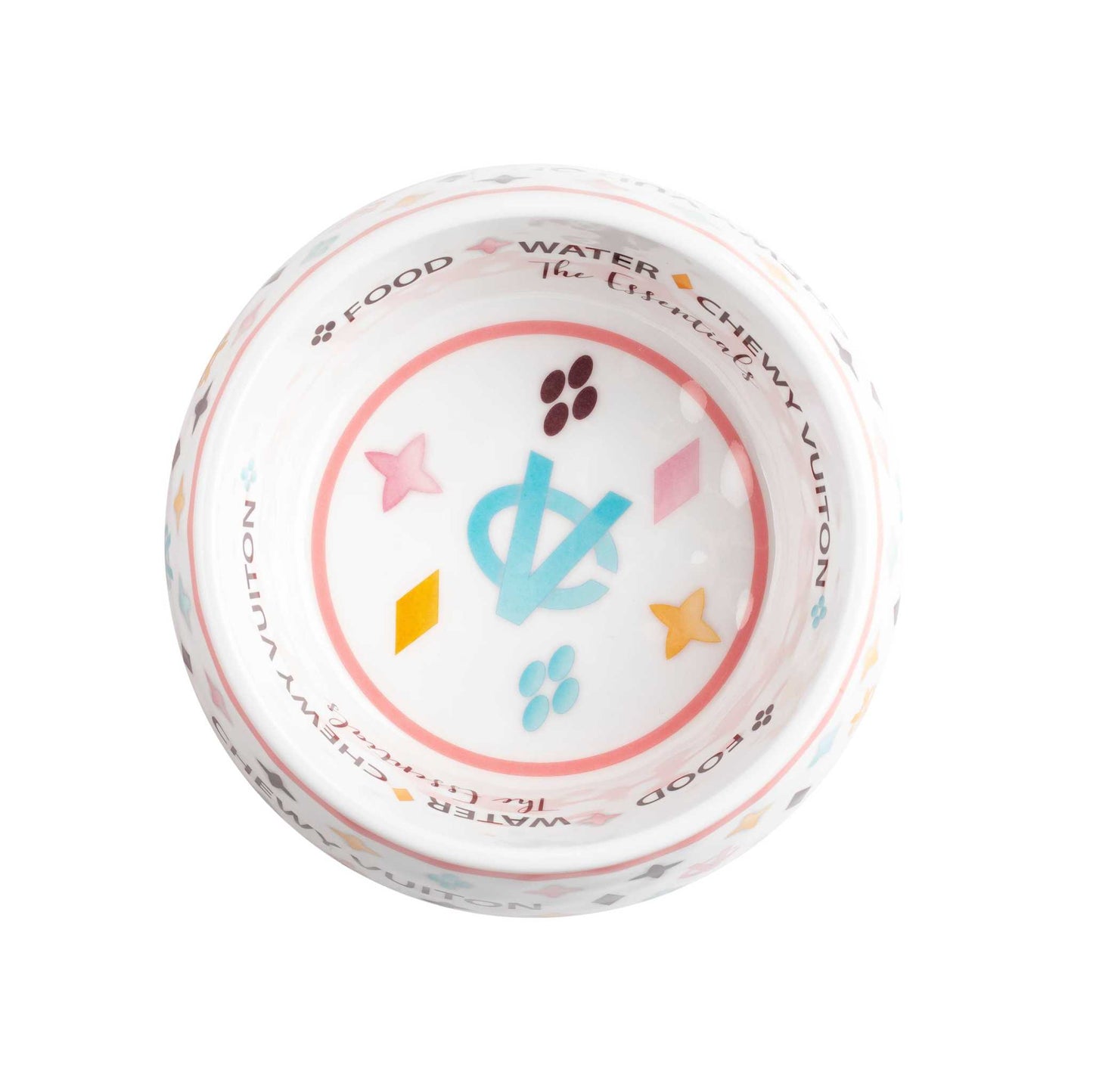White Chewy Vuiton dog bowl with colorful interior design, available in three sizes.