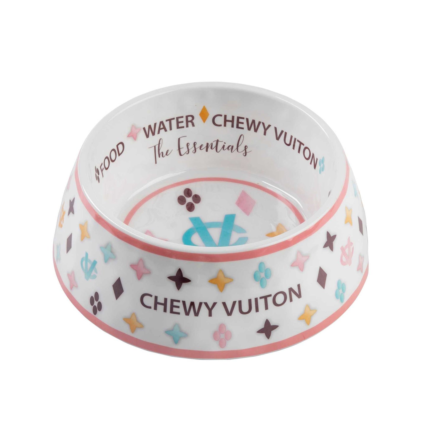 White Chewy Vuiton dog bowl with chic design and melamine construction.