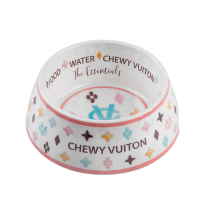 White Chewy Vuiton dog bowl with chic design and melamine construction.