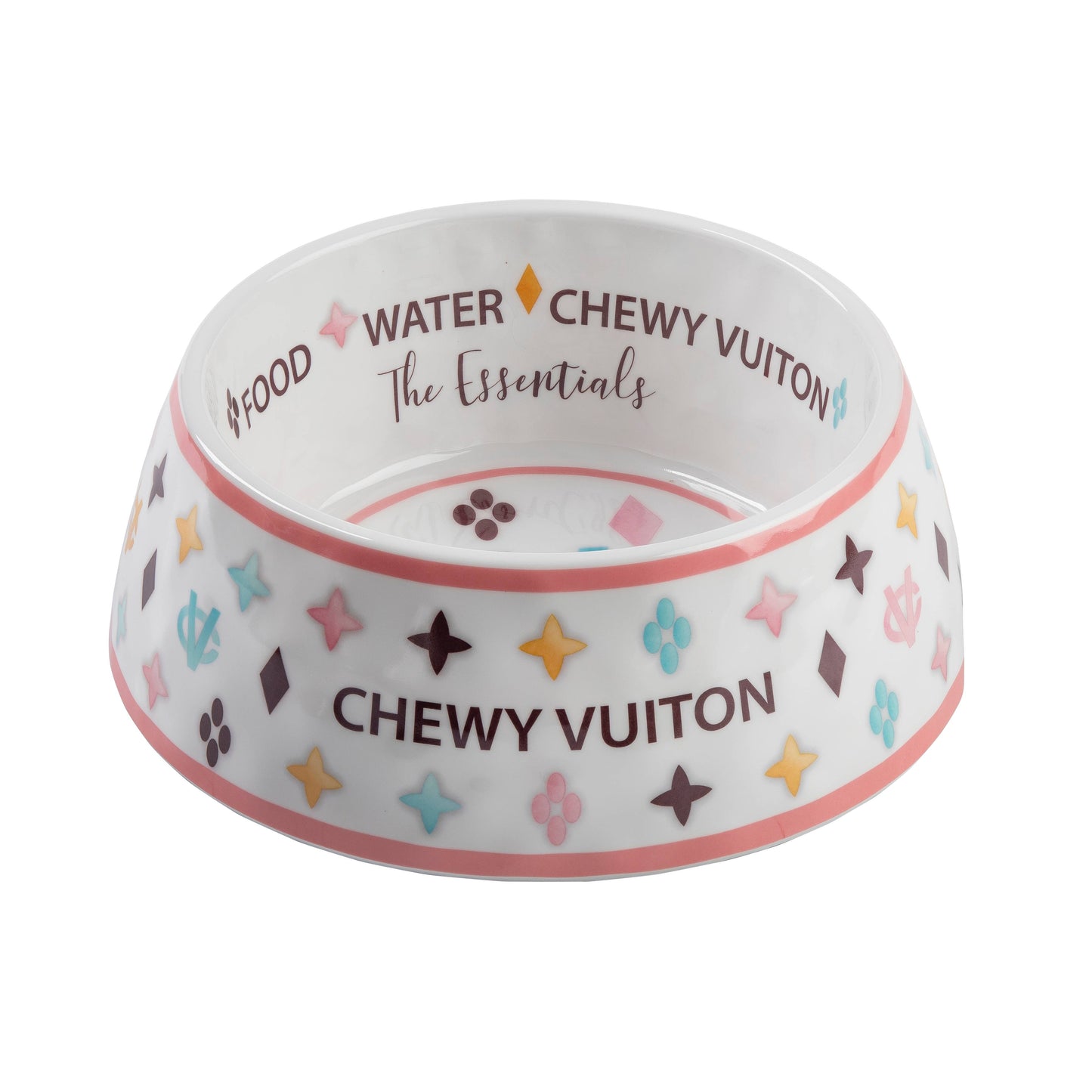 White Chewy Vuiton dog bowl with colorful pattern and non-skid bottom.