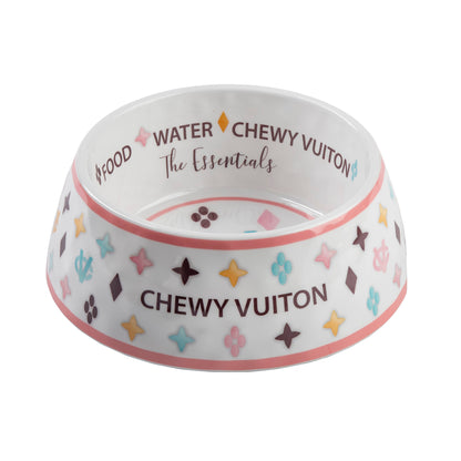 White Chewy Vuiton dog bowl with colorful pattern and non-skid bottom.