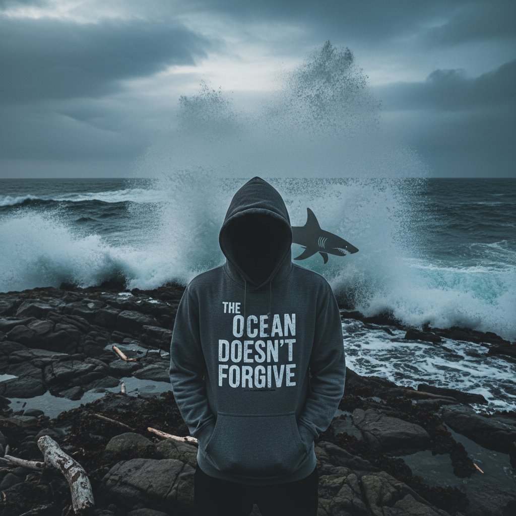 Hoodie on rocky coastline with waves