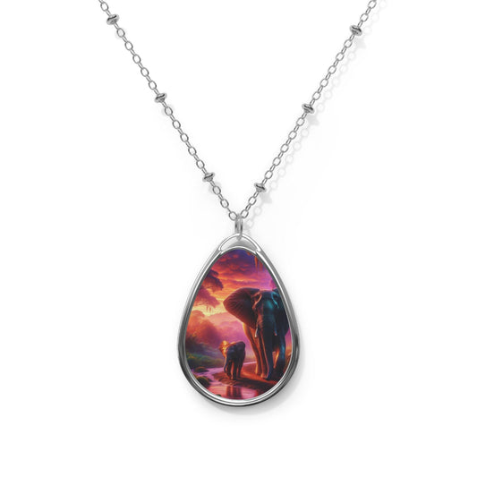 Elephant Silhouette Sunset Oval Pendant Necklace - Nature-Inspired Wildlife Jewelry Gift for Animal Lovers - Toddcraft