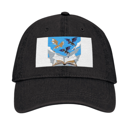 Denim Hat with Embroidered Flying Bats  Open Book Design  Symbol of Rebirth  Death, Gothic Vintage Style Cap