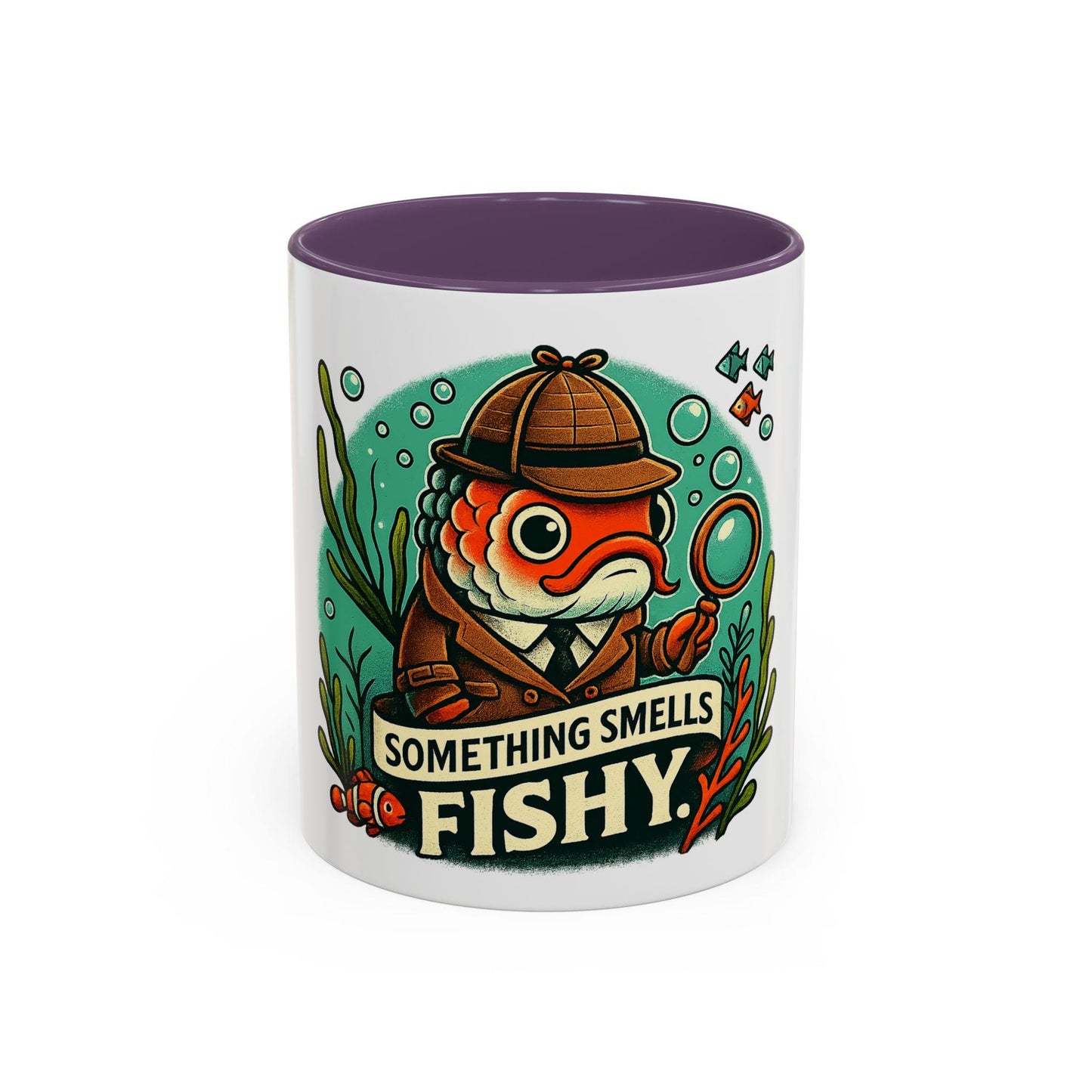 something smells fishy Accent Coffee Mug (11, 15oz) fish dressed up as a detective with a trench coat and hat underwater funny fish graghic