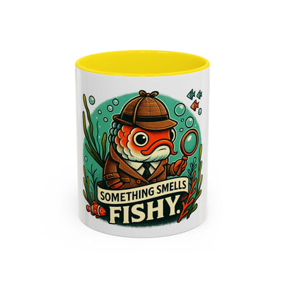 something smells fishy Accent Coffee Mug (11, 15oz) fish dressed up as a detective with a trench coat and hat underwater funny fish graghic
