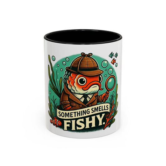 something smells fishy Accent Coffee Mug (11, 15oz) fish dressed up as a detective with a trench coat and hat underwater funny fish graghic