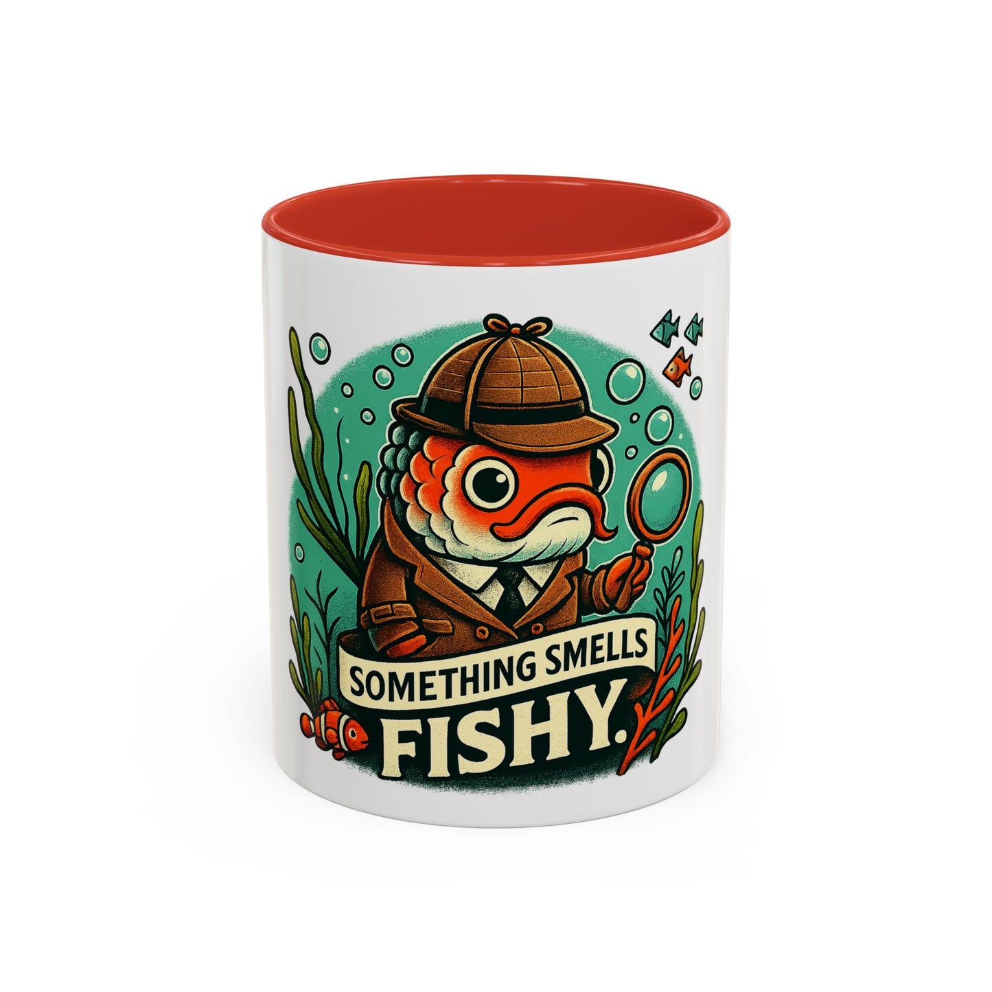 something smells fishy Accent Coffee Mug (11, 15oz) fish dressed up as a detective with a trench coat and hat underwater funny fish graghic