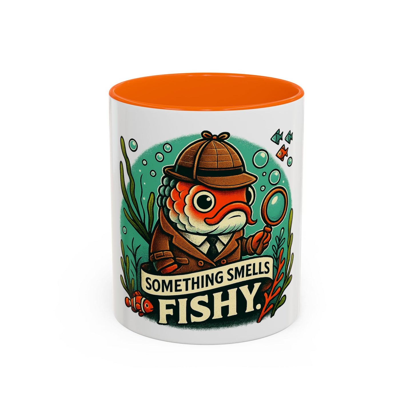 something smells fishy Accent Coffee Mug (11, 15oz) fish dressed up as a detective with a trench coat and hat underwater funny fish graghic