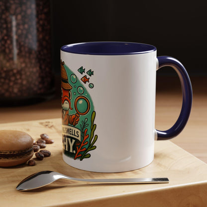 something smells fishy Accent Coffee Mug (11, 15oz) fish dressed up as a detective with a trench coat and hat underwater funny fish graghic