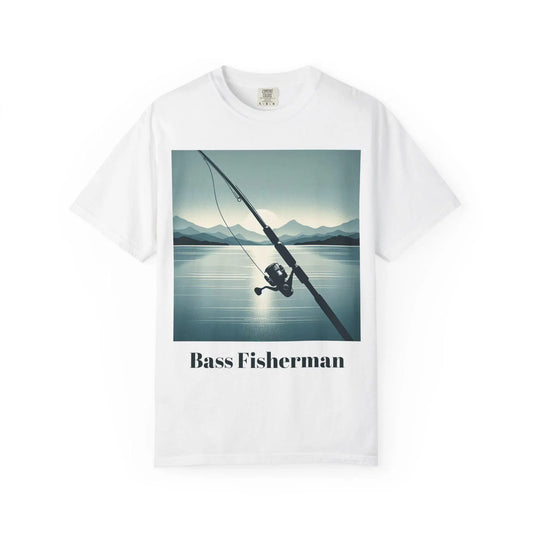 Bass Fisherman T-Shirt Unisex Garment-Dyed Fishing Tee with Rod & Beautiful Lake Scenery Outdoor Shirt - Toddcraft