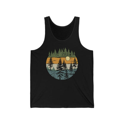 Vintage Retro Forest Trees Unisex Jersey Tank Top, Nature Outdoors Womens Sleeveless Shirt, Casual Summer Graphic Tee
