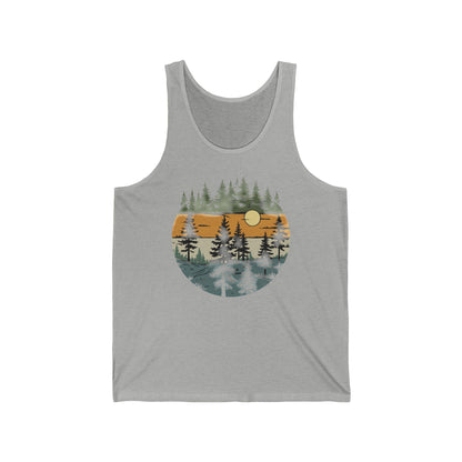 Vintage Retro Forest Trees Unisex Jersey Tank Top, Nature Outdoors Womens Sleeveless Shirt, Casual Summer Graphic Tee