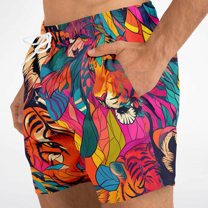 Tiger Print Swim Trunks Men Bright Colored All-Over Print Beach Shorts Quick Dry Summer Swimwear