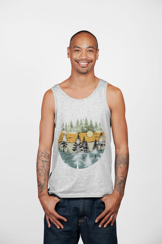 Vintage Retro Forest Trees Unisex Jersey Tank Top, Nature Outdoors Womens Sleeveless Shirt, Casual Summer Graphic Tee