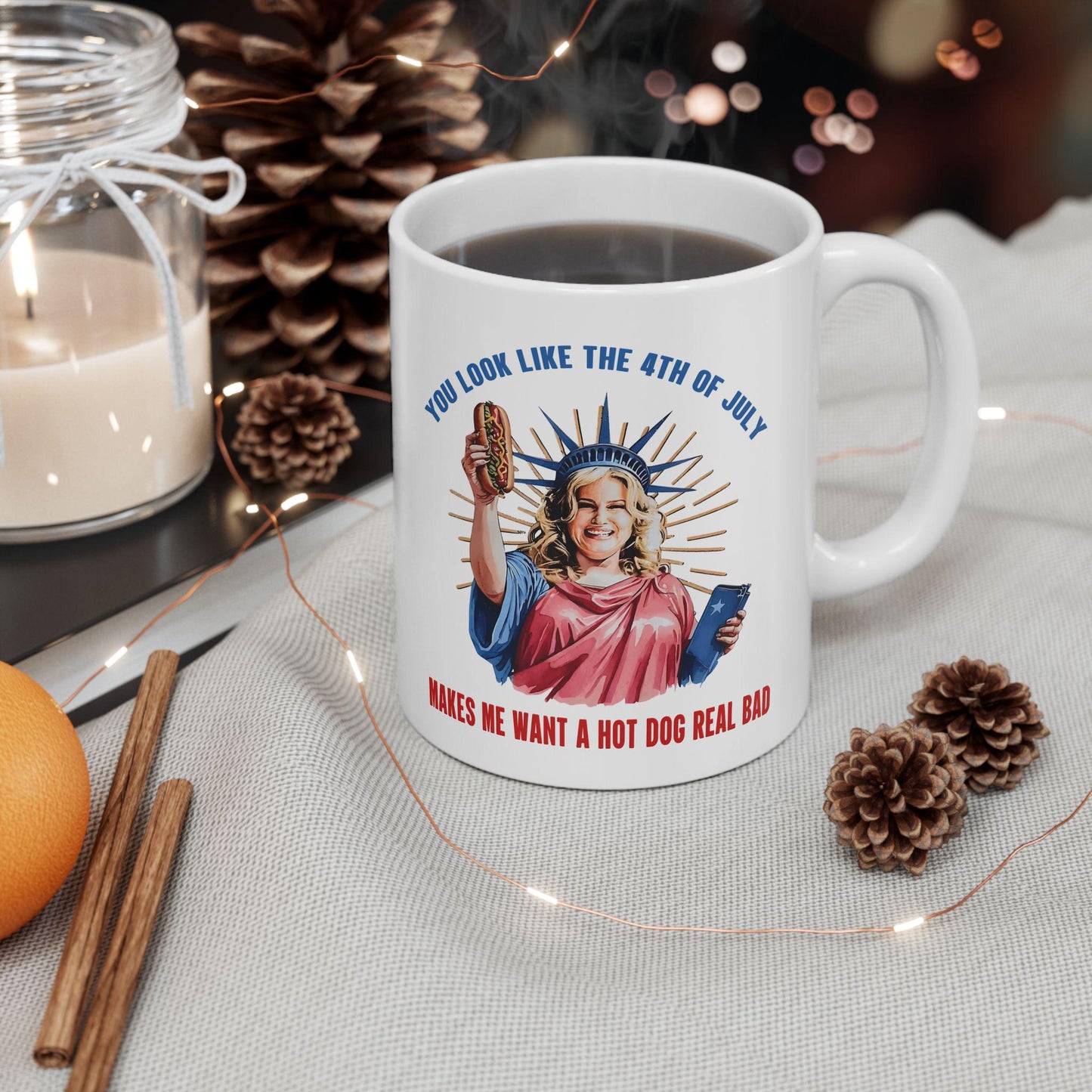 4th of July Ceramic Mug 11oz & 15oz Patriotic Independence Day Coffee Cup Makes Me Want a Hotdog