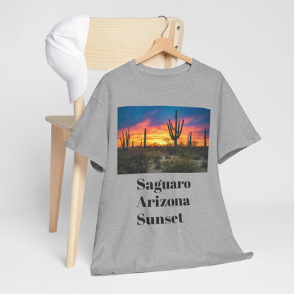 Saguaro Arizona Desert Tee Unisex Heavy Cotton Shirt with Desert Sunset Hues & Landscape Dreaming Design